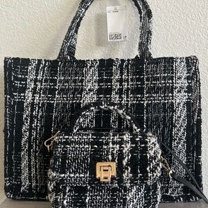 H&M Black and White Tweed Tote with Mini Crossbody